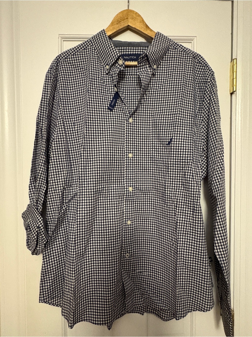 Nautica Men’s Blue and White Gingham Button-Down Shirt